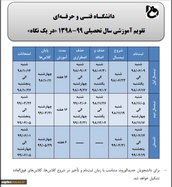 تقویم آموزشی سال تحصیلی 99-1398 در یک نگاه