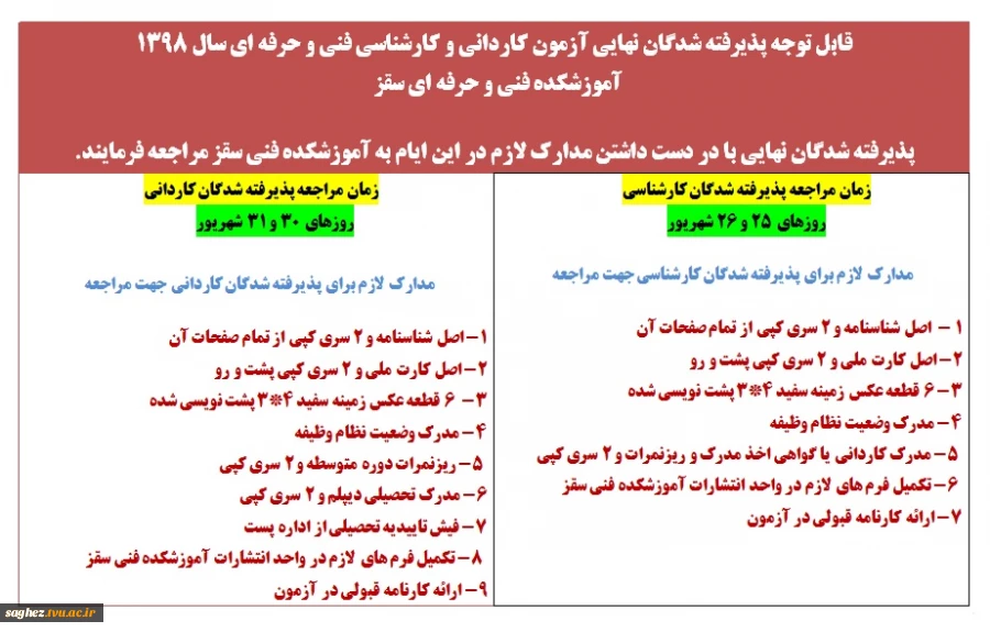 مدارک لازم جهت مراجعه پذیرفته شدگان نهایی آزمون کاردانی و کارشناسی